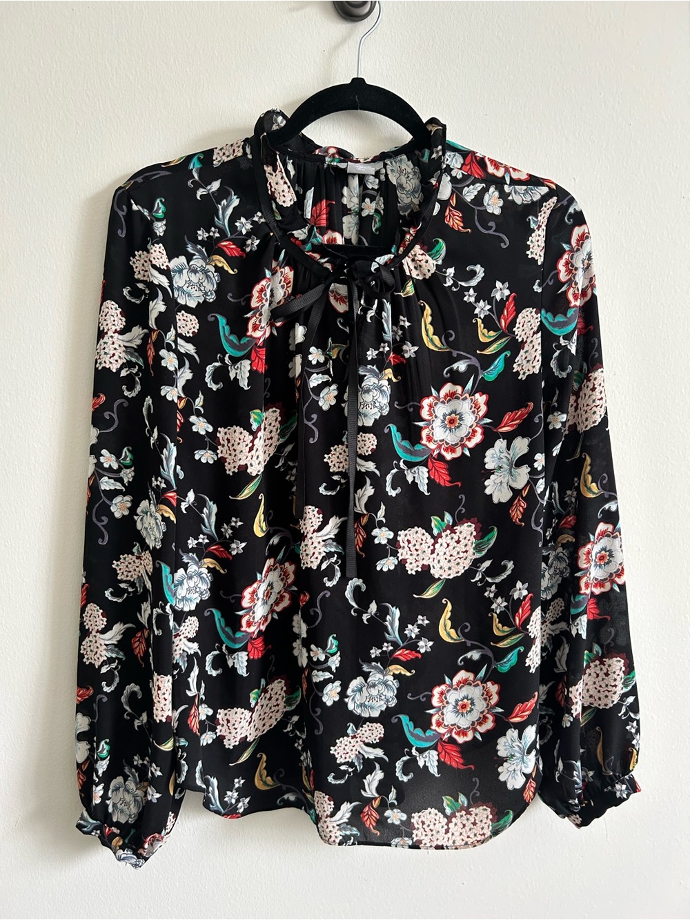 Kenar Black Floral Tie-Detail Long Sleeve Blouse